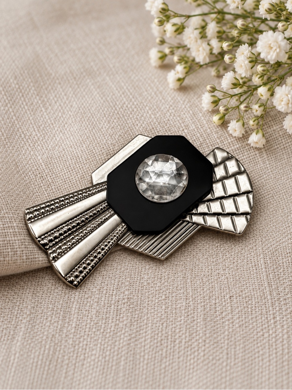 Retro Art Deco Silver Geometric Statement Brooch with Faceted Crystal Center